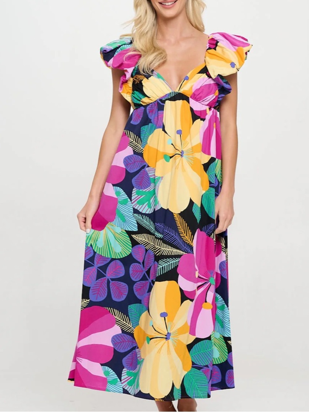 Bright Floral Ruffle Maxi Dress - Multi colored meet me in Santorini NWT small